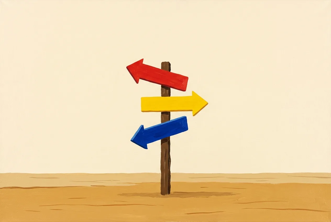 Illustration of a signpost with three arrows pointing different directions, representing the three questions that decide which Mac email client fits