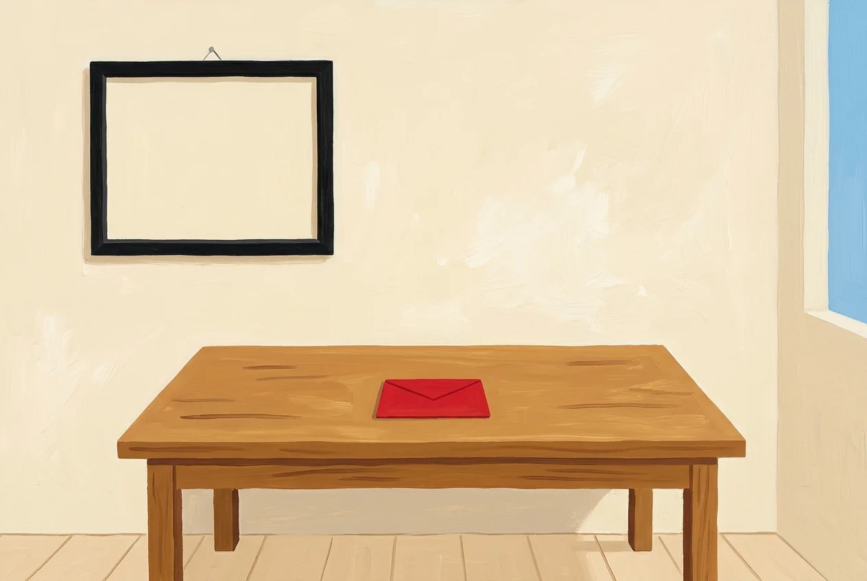 Illustration of an empty picture frame on a desk where an app icon should be, representing the Gmail desktop app Google never shipped