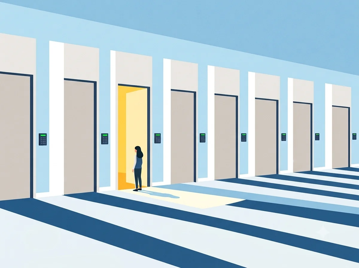 Illustration of a corridor of locked doors with one open and lit, representing using multiple Gmail accounts without logging out