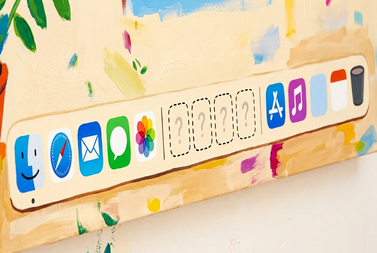 Illustration of a Mac Dock where the Gmail, Calendar, Drive and Meet icons are missing, representing the Google Workspace desktop app that doesn't exist