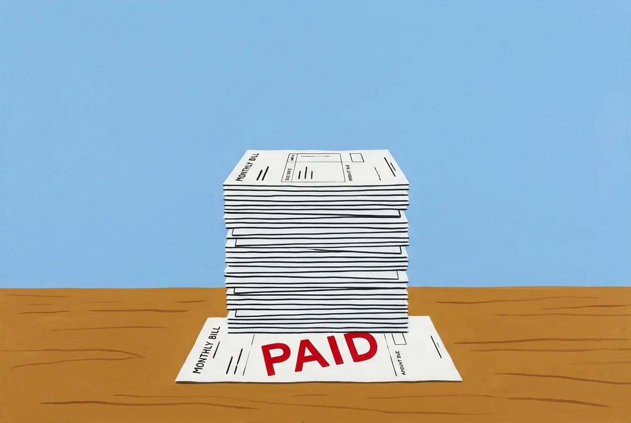 Illustration of a receipt stamped PAID buried under a tall stack of monthly bills, representing a lifetime license turned into a subscription
