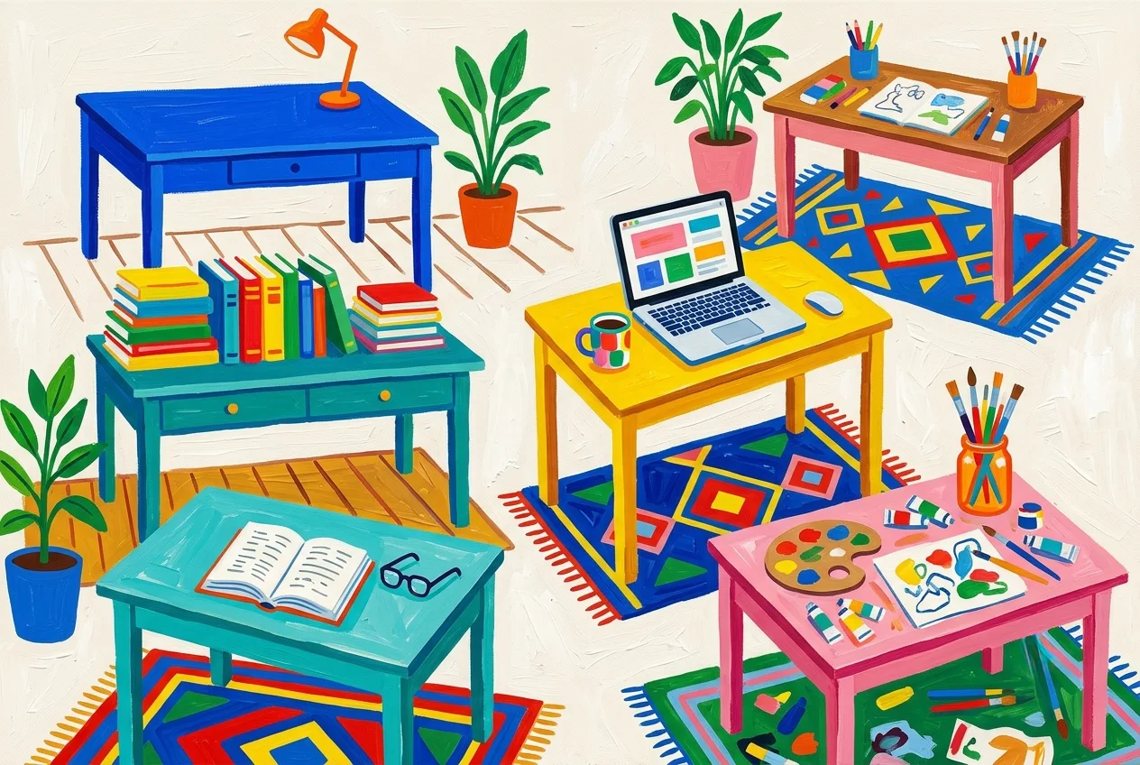 Illustration of five different desks each set up for a different kind of worker, representing email apps sorted by who each one is for