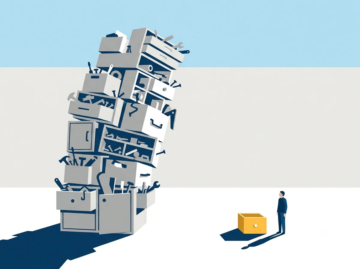 Illustration contrasting a heavy cluttered grey tower with one light yellow item, representing a lighter Shift app alternative for Mac