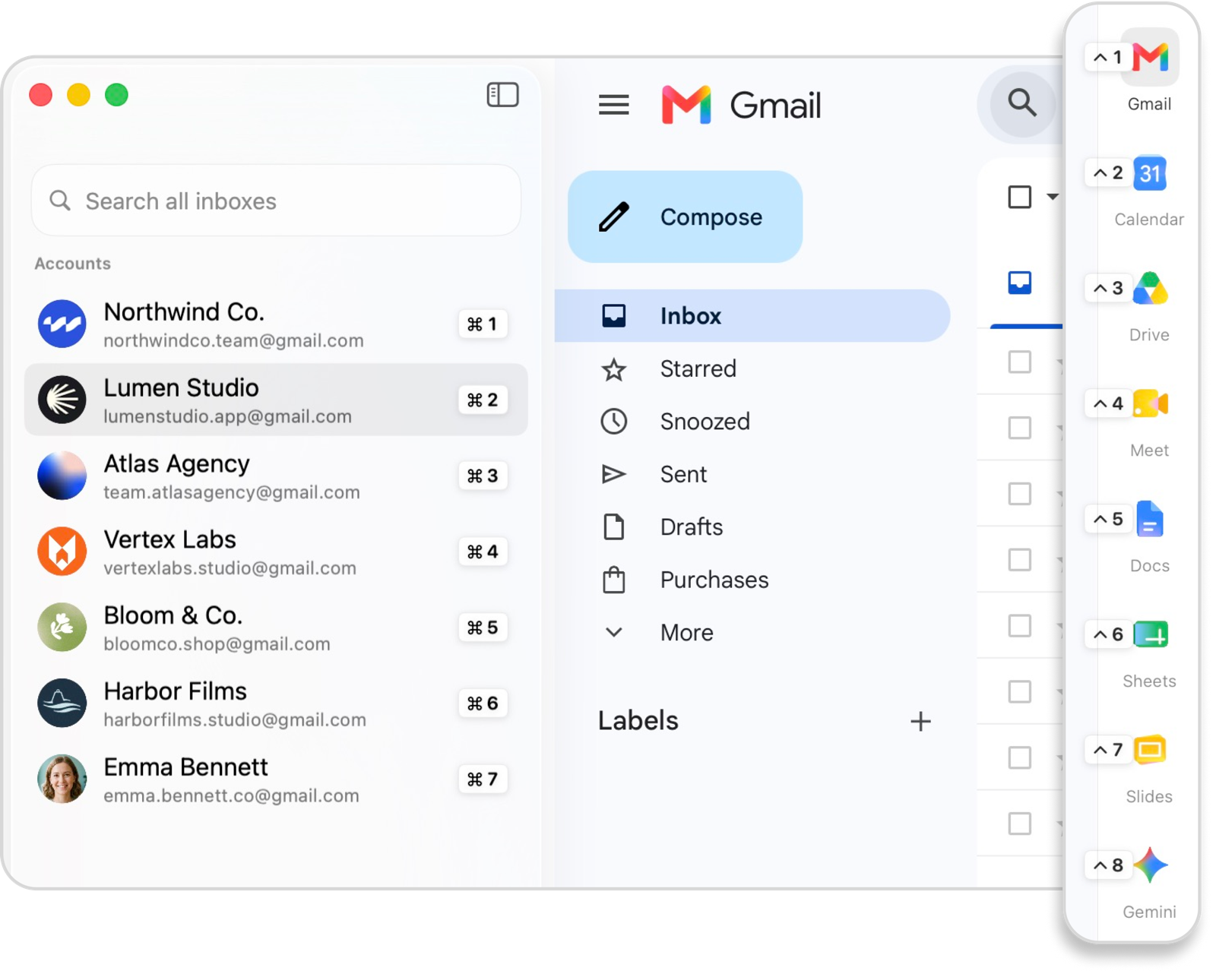 Orbit with seven Google accounts in the sidebar, each with a ⌘ shortcut, and the Google app rail